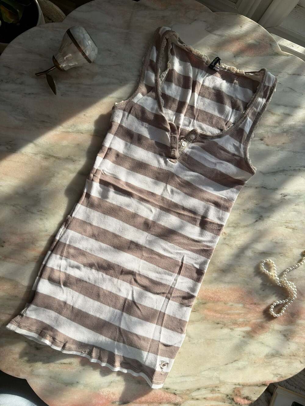 Papaya Brown and White Striped Lace-Trim Henley Tank Top